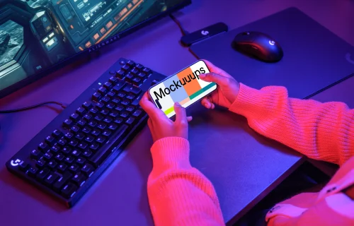 iPhone 15 Pro mockup in gaming setup