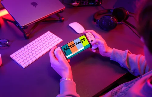 iPhone 15 Pro mockup with gaming setup