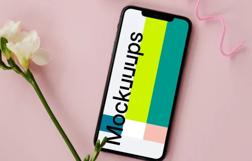 iPhone mockup beside a flower stem