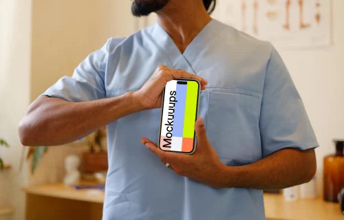 iPhone mockup in doctor’s hands