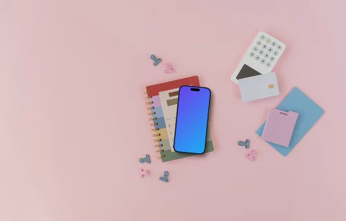 iPhone mockup next to the payment terminal with credit card