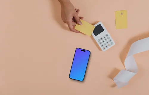iPhone mockup on orange background with payment terminal