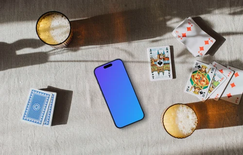 iPhone mockup surrounded by card game