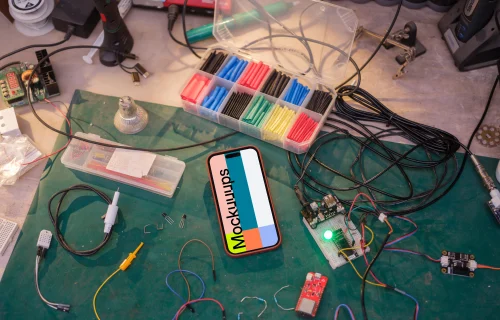 iPhone mockup surrounded by electric tools