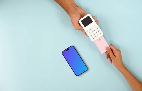 iPhone mockup with E-Commerce theme on blue background