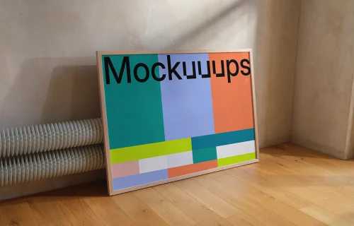 Landscape B1 mockup with wooden frame on hardwood floor