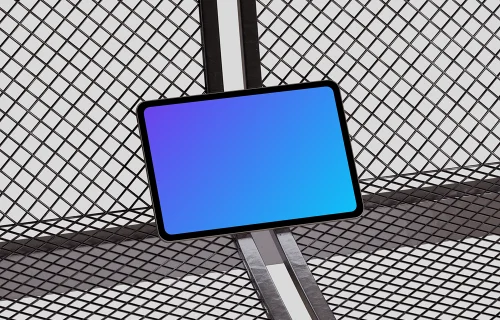 Landscape iPad Pro mockup with metal grid background