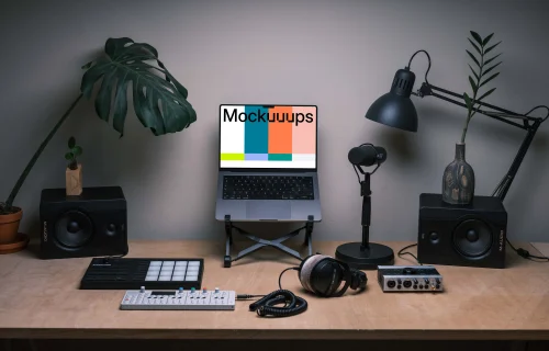 Laptop Mockup in the podcast studio