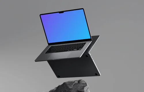MacBook Air 15" mockup floating above stone surface