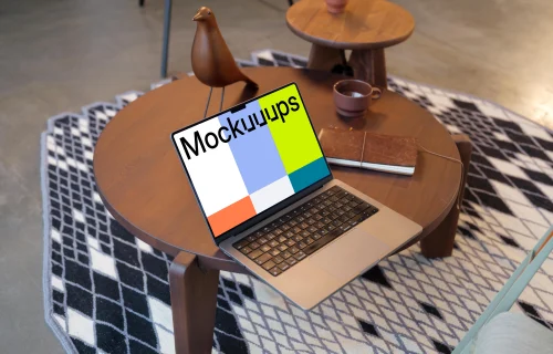 MacBook Pro 14 mockup on wooden table