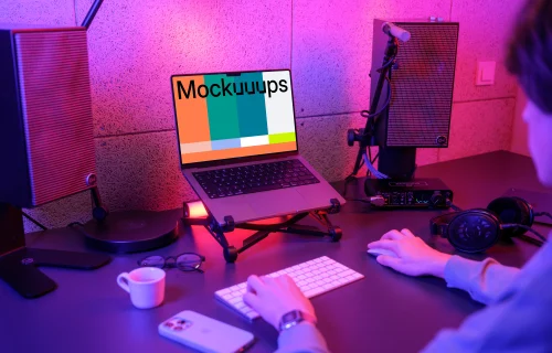 MacBook Pro mockup in a vibrant gaming setup