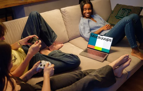 MacBook Pro mockup in cozy gaming session