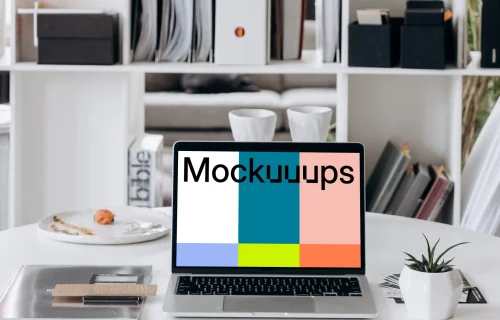 MacBook Pro mockup in front of a shelf