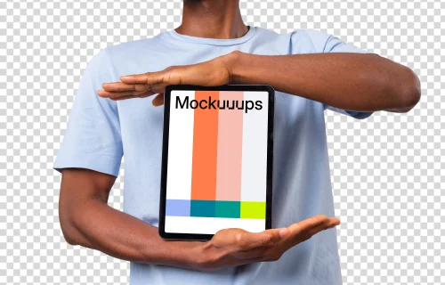 Man framing iPad mockup with both hands