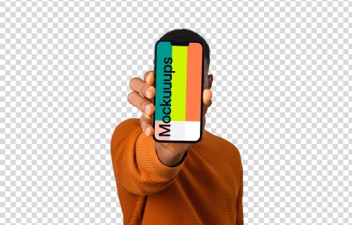 Man holding iPhone mockup in front of his face