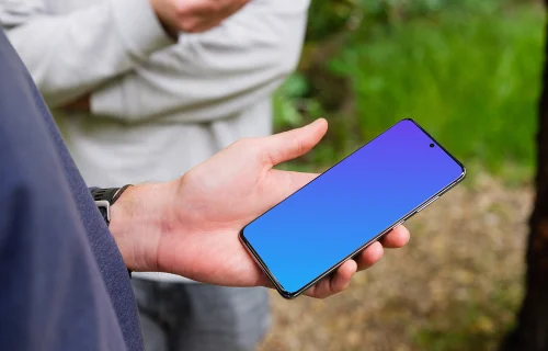 Man holding Samsung Galaxy S20 mockup with a friend