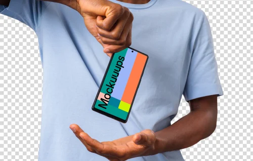 Man in light shirt holding Google Pixel mockup from the top