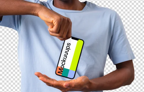 Man in light shirt holding iPhone mockup from the top