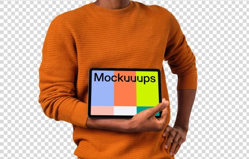 Man in orange sweather holding iPad mockup in landscape