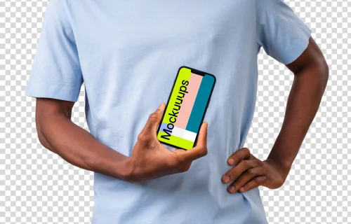 Man standing and holding iPhone mockup