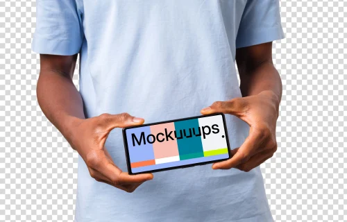 Mockup of a landscape Google Pixel held by man in light shirt