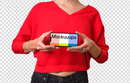 Mockup of a landscape iPhone held by woman in red shirt