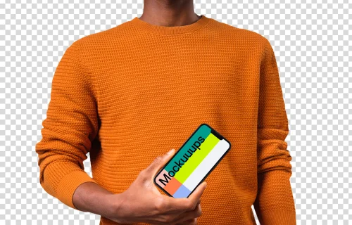 Mockup of a rotated iPhone mockup held by man in orange sweater