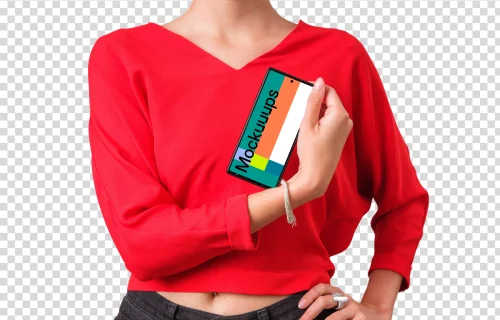 Mockup of Google Pixel held by woman in red shirt