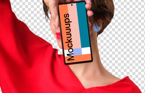 Mockup of Google Pixel next to the woman's face