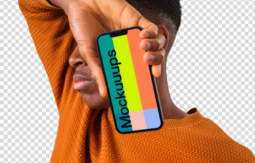 Mockup of iPhone next to the man's face