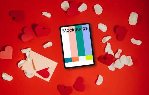 Mockup of tablet on Valentine's day background
