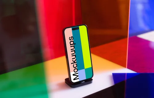 Multicolored background behind a iPhone 14 Pro mockup