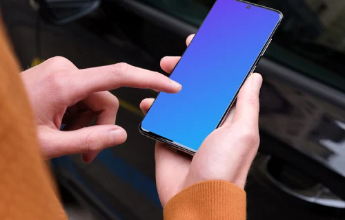 Over the shoulder mockup of passenger pointing on Samsung S20 mockup