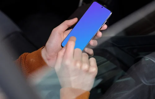 Over the shoulder mockup of passenger tapping on Samsung S20 mockup