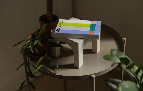 Paperback book mockup on a decorative table