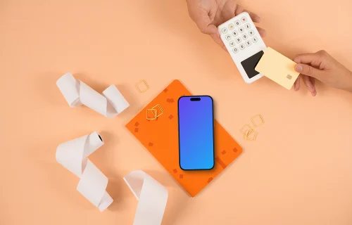 Peachy background, payment terminal and an iPhone mockup