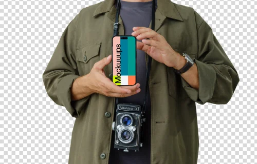 Photographer holding an iPhone 14 Pro mockup