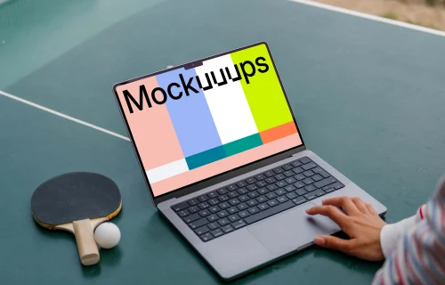 Ping-pong player checking on a MacBook Pro mockup