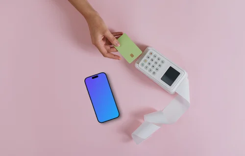 Pink background with an iPhone mockup and payment terminal