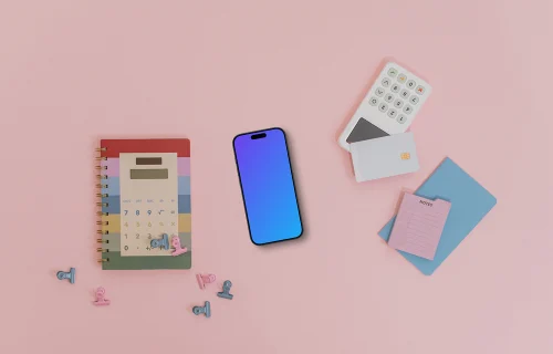 Pink background with payment terminal and an iPhone mockup