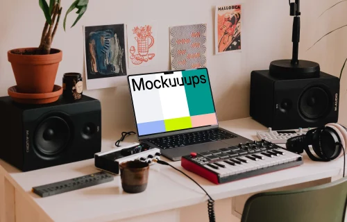 Podcast studio mockup with MacBook Pro