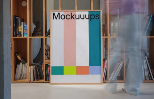 Poster mockup in front of a modern wooden bookshelf