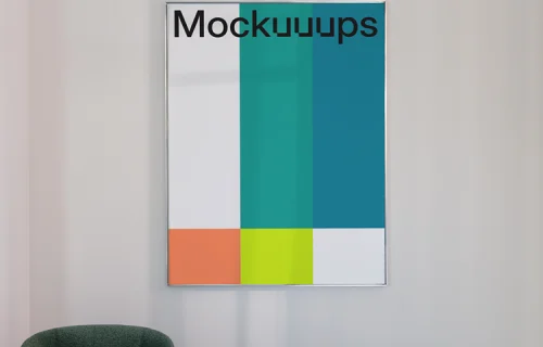 Poster mockup on a minimal white wall with furniture