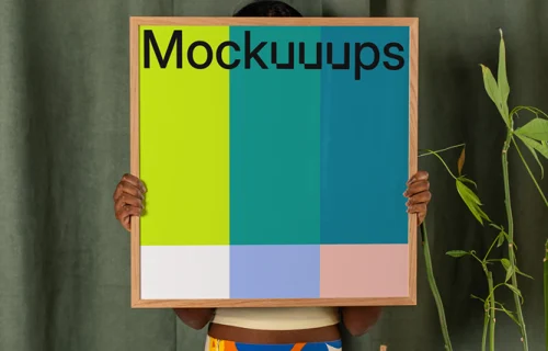 Poster mockup with person holding wooden frame in colorful setting