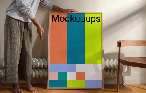 Poster mockup with wooden frame in cozy interior setting