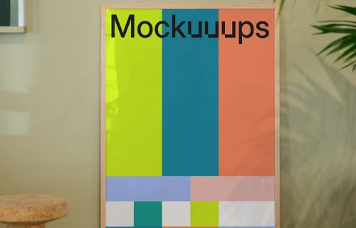 Poster mockup with wooden frame in cozy interior