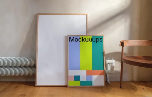 Poster mockup with wooden frames on a cozy room floor
