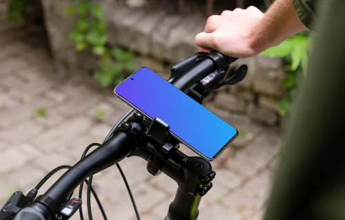 Side view of a bike with Samsung S20 mockup in bike mount