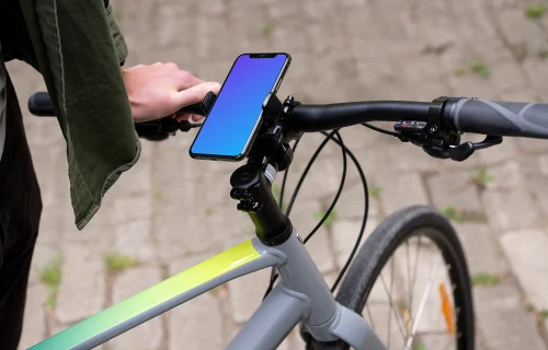Sitting on a bike with iPhone Pro 11 mockup in bike mount