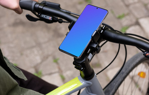 Sitting on bike with Samsung S20 mockup in a bike mount